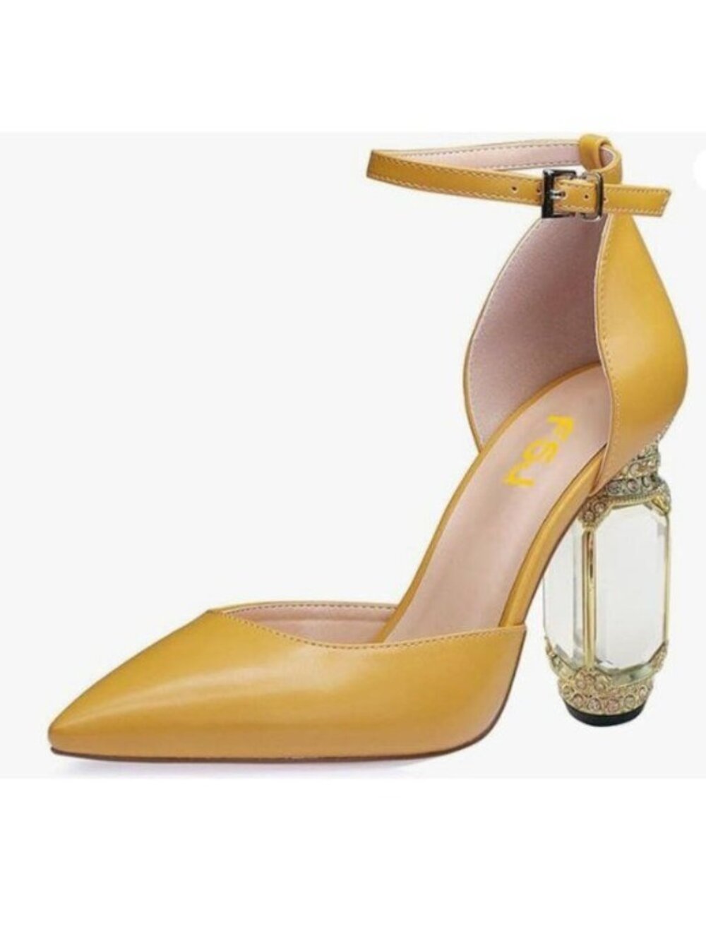 FSJ Yellow Crystal Chunky Heel Pointed Toe Ankle Strap D'Orsay Rhinestones Pumps